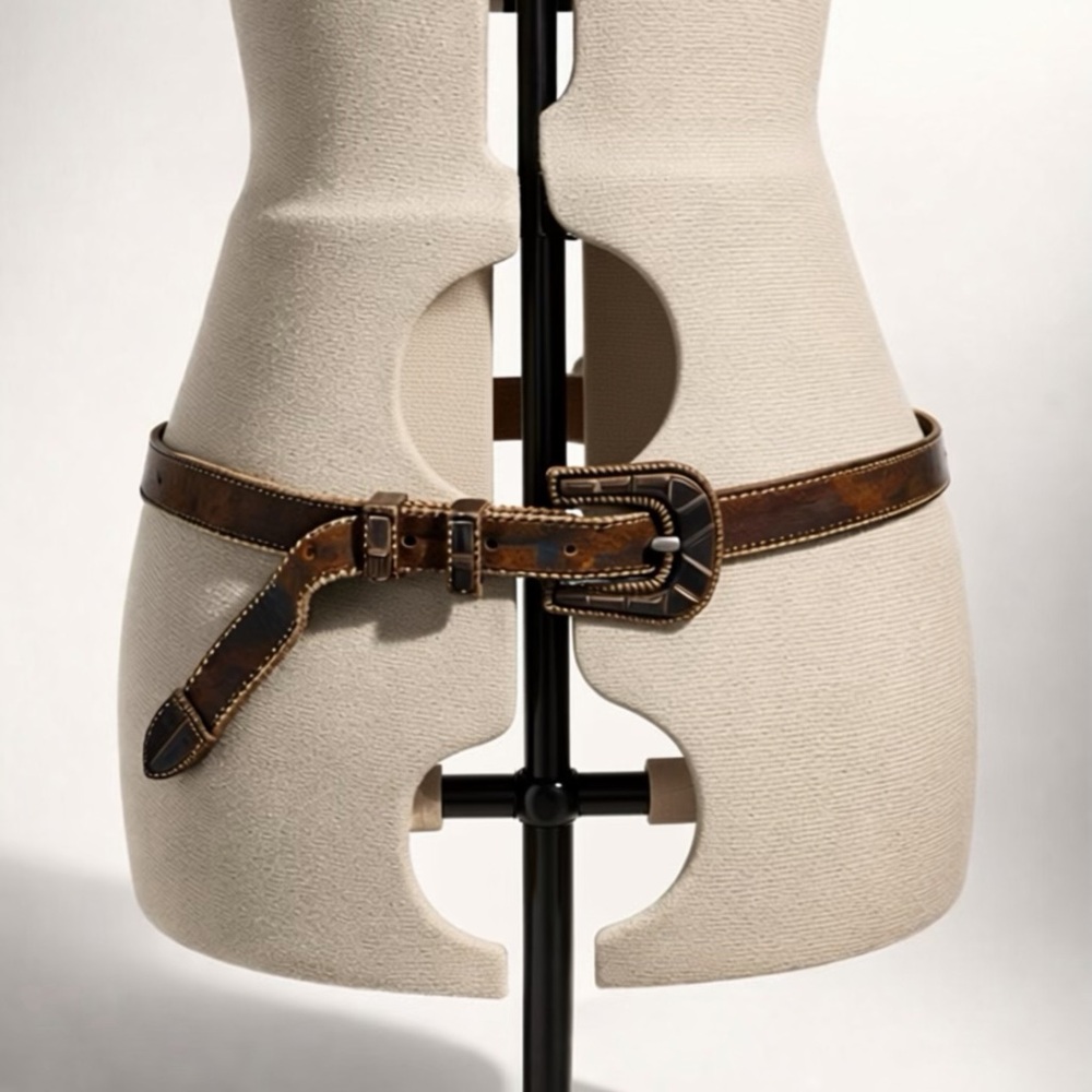 Jenny & the Boys VTG leather/fabric belt, carved stone buckle, silver bead,32-36